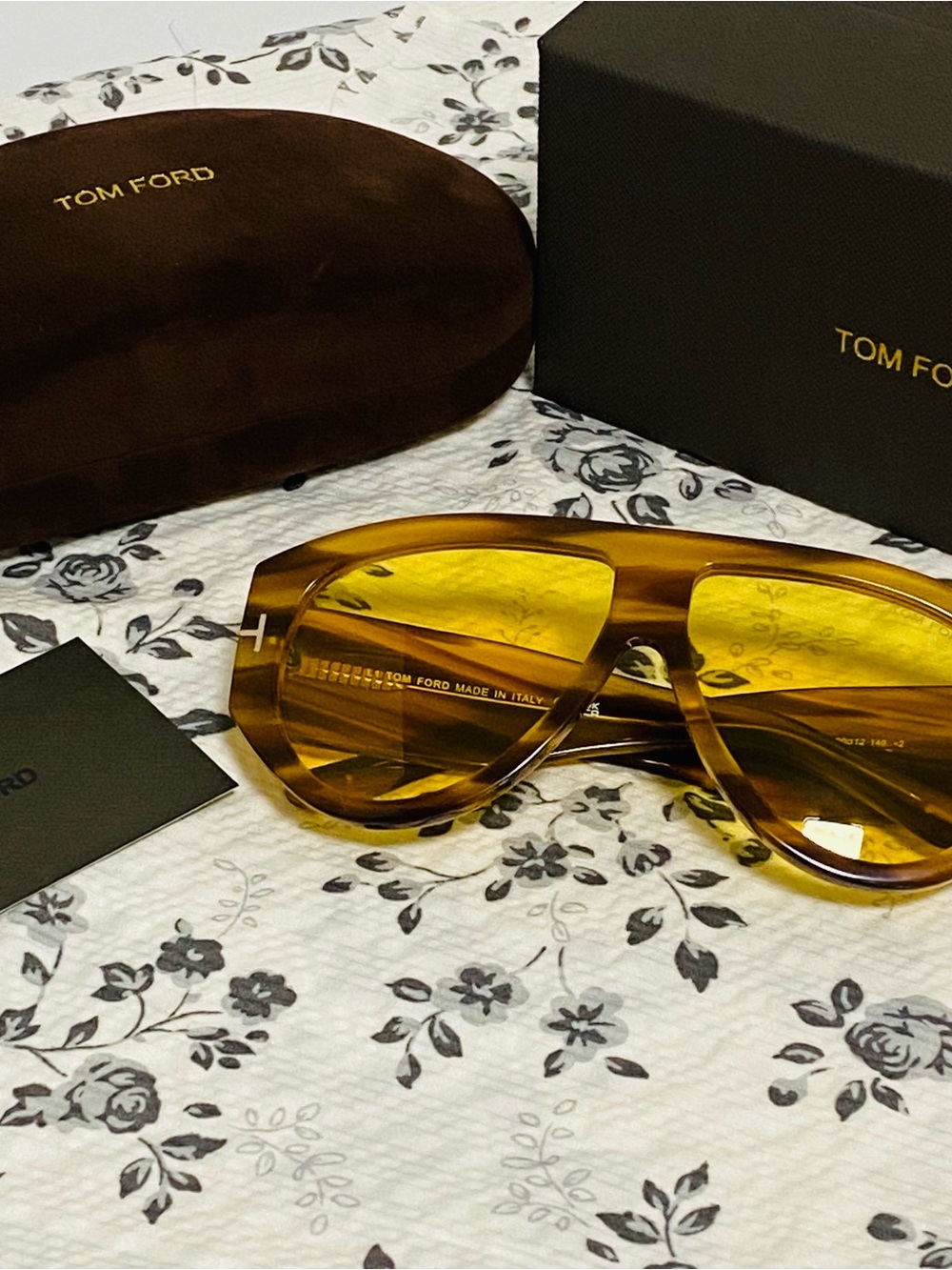 Tom Ford Amber Yellow Aviator Sunglasses with Brown Case